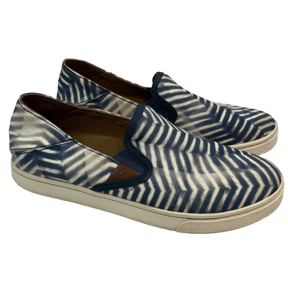 OluKai Pehuea Pa'i Slip-On Shoes Women's‎ Size US 7.5 EU 37.5 White Blue Canvas